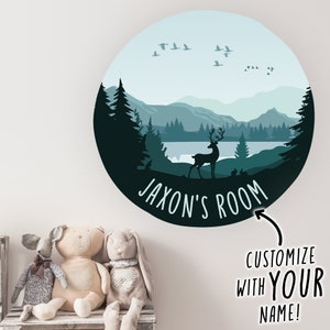 Nombre personalizado para niños, calcomanía de pared natural de Forest Deer Lake, decoración de dormitorio para niños, pegatina de pared con nombre personalizado, letrero con nombre de sala de juegos para niños, guardería