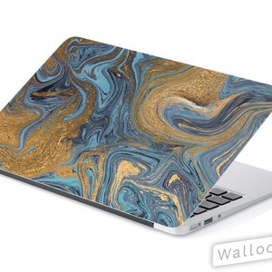 Gold Blue Mineral Swirl Pattern Universal Laptop Skin, Computer Decal Sticker Full Coverage Laptop Premium 3m Vinyl Laptop Sticker