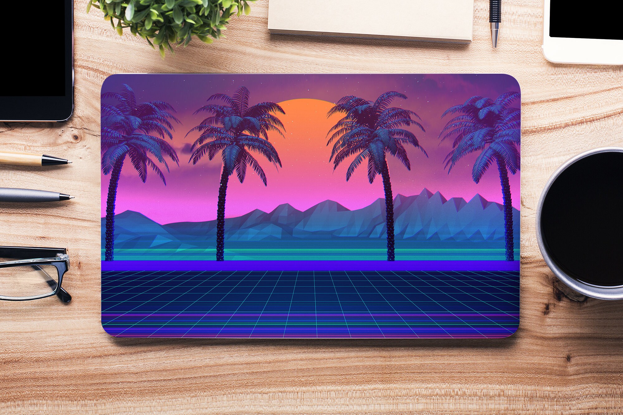 80s Neon Retro Digital Sunset W/ Palm Trees UNIVERSAL Laptop Skin ...