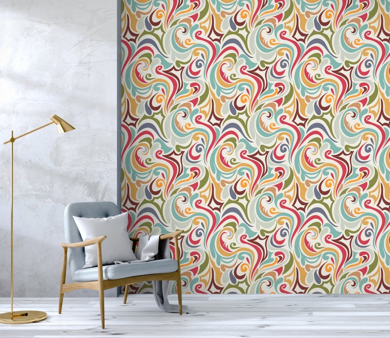 Colorful 1970/'s Groovy Swirl Design Peel and Stick Wall Paper DIY Self Adhesive Fabric Wall Paper Graphic