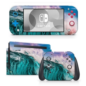 May include: A blue and pink Nintendo Switch console skin with a wave design. The skin features a close-up of a large wave crashing in the ocean. The skin is designed to fit the Nintendo Switch console and Joy-Con controllers.