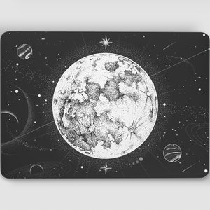 May include: A black laptop skin featuring a white illustration of a moon and stars in a galaxy. The moon is detailed with craters and the stars are scattered across the background.