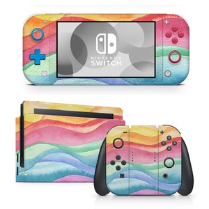 May include: A colorful watercolor design Nintendo Switch console skin with a rainbow pattern. The skin covers the console, the Joy-Con controllers, and the dock.