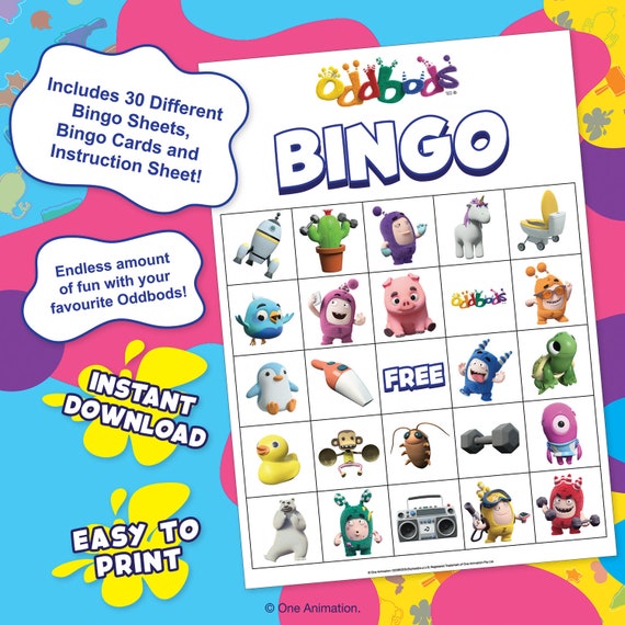 oddbods printable bingo game 30 bingo cards 24 calling etsy