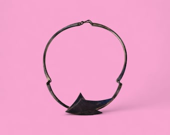 Vintage Brutalist Silver Choker Sculptural Geometric Necklace Statement Collar Minimal Art Jewelry Unpolished Patina 14x15cm Bold Design