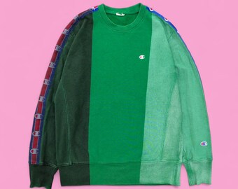 Champion Reverse Weave Sweatshirt – Green Patchwork Colorblock – 90s Style Logo Tape – Retro Sporty Aesthetic – Size M
