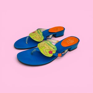 Rare Vintage Y2K Leather Frog Thong Mules – Colorful Weird Girl Whimsical Sandals, Made in Spain Size EU 37.5 / USA 7 / UK 4.5