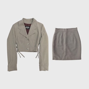 Vintage 90s Houndstooth Two Piece Set, Office Siren Cropped Blazer & Mini Skirt, Lace Up Side Tie Co-ord, Light Academia Suit Size S