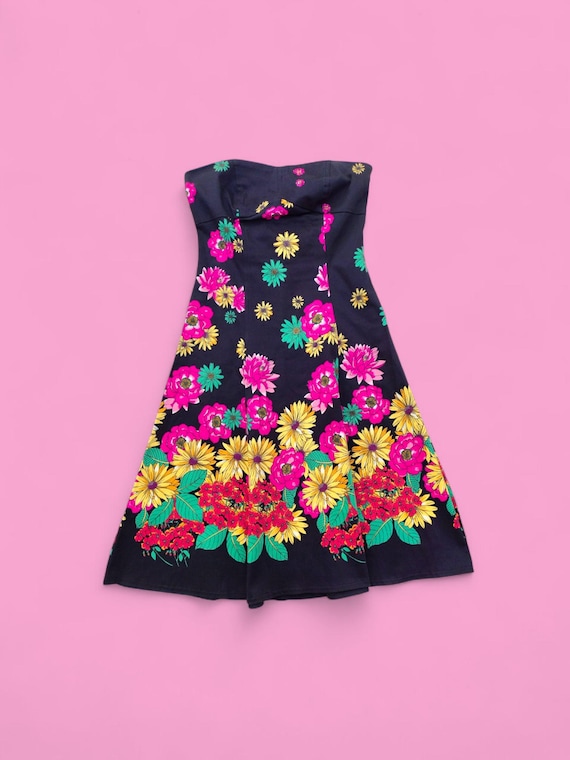 Vintage Strapless Floral Mini Dress Y2K Bandeau Bow Back, Coquette 00s Size S Vintage Strapless Floral Mini Dress Y2K Bandeau Bow Back, Coquette 00s Size S