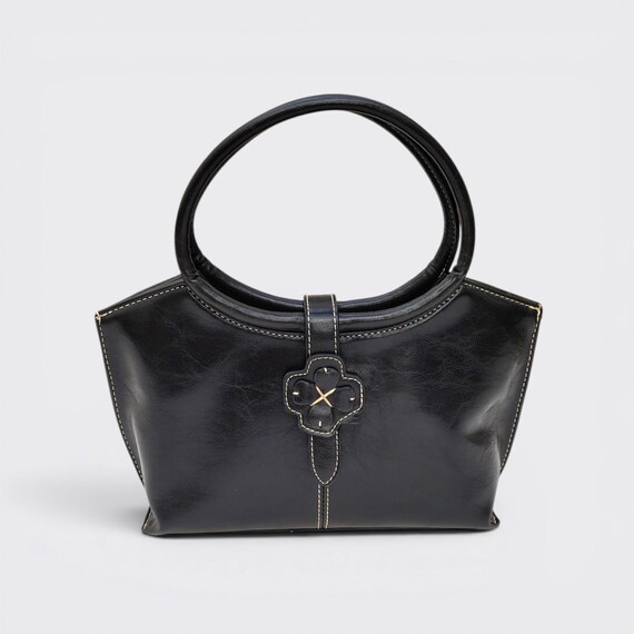 Vintage 90s Minimalist Black Vegan Leather East West Shoulder Bag 