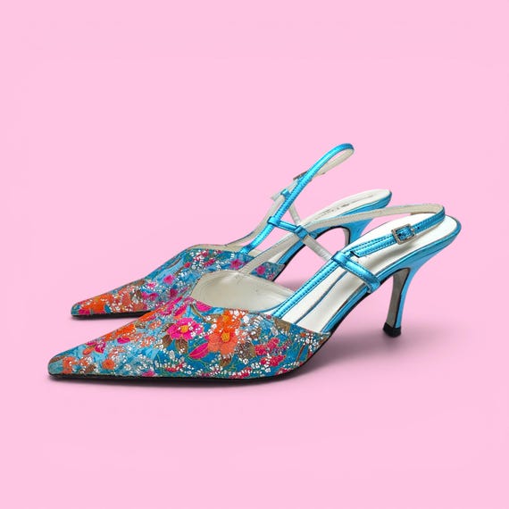 Archive Y2K Floral Brocade Slingback, Metallic Blue Leather Pointed Toe Heels, Office Siren Stiletto Pumps, Coquette Party Shoes US 6.5