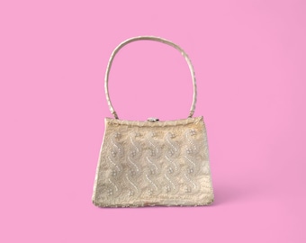 Vintage 1950s Beaded Handbag – Ivory Silk Pearl Purse – Coquette Bridal Clutch – Handmade Evening Bag