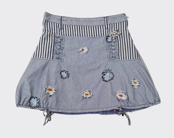 Gonna a bolle ricamata Desigual a righe sottili stile fata, vintage anni 2000, taglia M L
