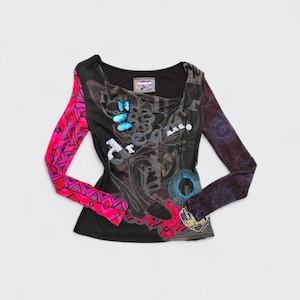 Vintage Y2K Desigual Butterfly Long Sleeve Top - 2000s clothing, patchwork, asymmetrical, sequins, boho, fairy - Women's M