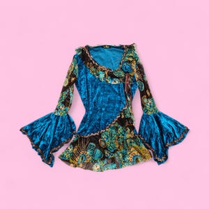 Rare Y2K Nana Baila Paris Velvet Mesh Top Teal Matryoshka Print Bell Sleeve Whimsigoth Fairy Grunge Blouse Size S M