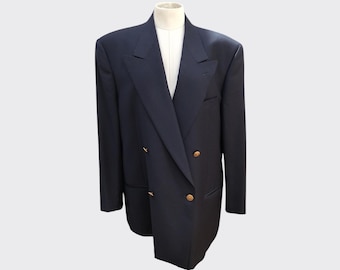 Archivio anni '80 Valentino Blazer oversize blu navy con logo dorato e bottoni – Giacca da completo con spalle strutturate – Office Siren Corporate Grunge – Taglia L XL