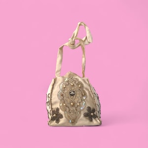Vintage 1950s Silk Beaded Pouch Bag – Hand Embroidered Pearl & Sequin Purse – Coquette Evening Bag