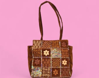 Vintage Y2K Boho Patchwork Bag – Sequin & Embroidered Floral Tote – Brown Velvet Fairycore Shoulder Bag – Early 2000s Festival Style