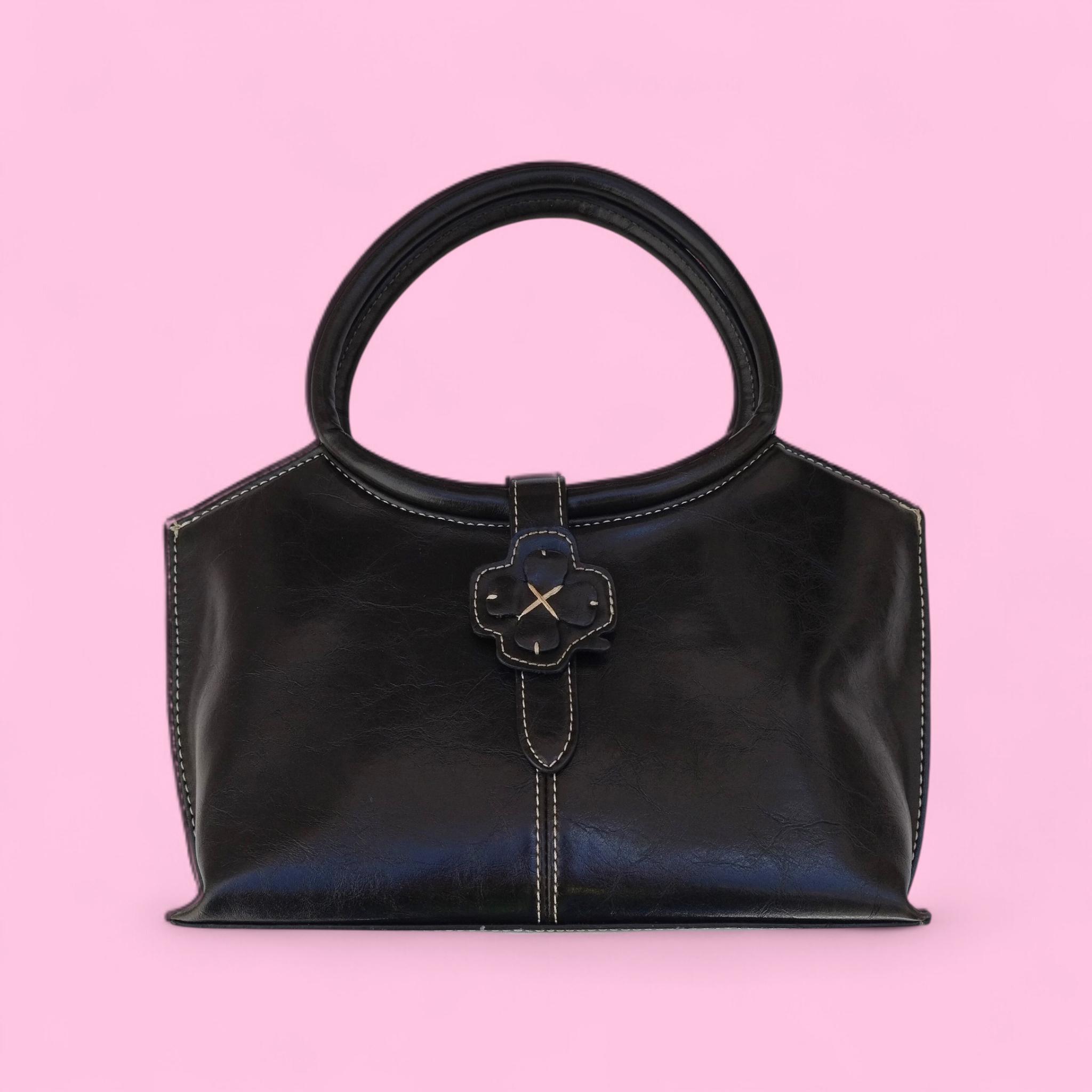 Vintage 90s Black East-west Shoulder Bag, Faux Leather Top Handle 