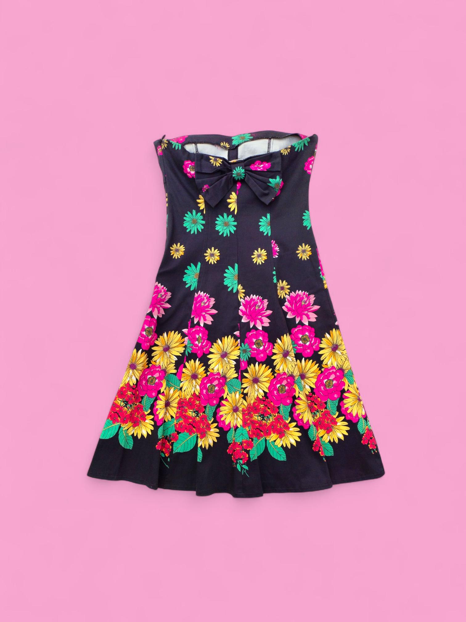 Vintage Strapless Floral Mini Dress – Y2K Bandeau Bow Back, Coquette 00s  Size S