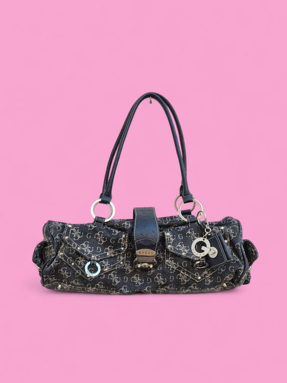 Vintage Y2K Guess Logo Shoulder Bag – Black Denim Monogram