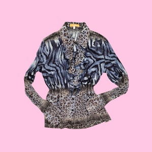 Y2K BiBA Mixed Animal Print Blouse, Blue Leopard & Zebra Ruffle Jabot Shirt, Mob Wife Aesthetic, 2000s Office Siren Corpcore L/XL