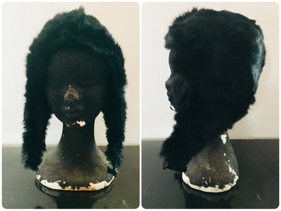 1960s Black Lapin Fur Hat, Hood Fur Hat, One Size