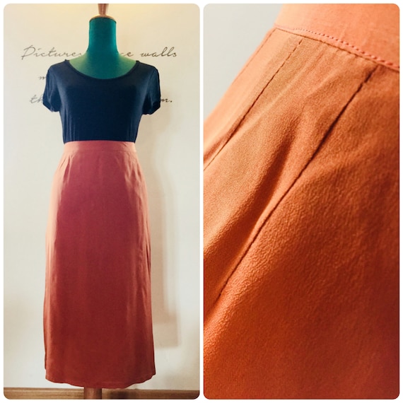 Late 1970s Long Skirt, Brick Red Crêpe Silk, Large