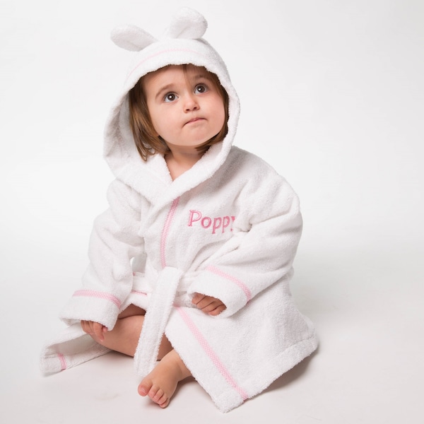 That's mine personalised white towelling gingham trimmed bathrobe with pink embroidery