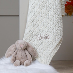 Toffee Moon personalised cream luxury cable baby blanket