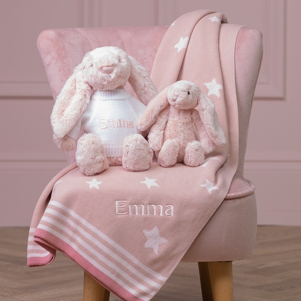 Personalisierte Qualle Pink Baschi Hase und Ziggle Star Babydecke Geschenkset
