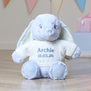 以下が含まれることがあります： 名前「Archie」と日付「10.03.26」が刺繍された白いセーターを着た、水色のぬいぐるみウサギ。 ウサギは長い耳を持ち、直立しています。