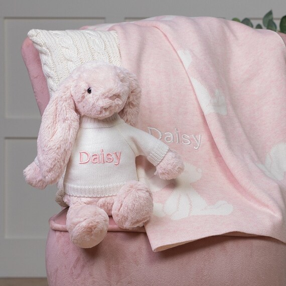 Personalised Jellycat Pink Bashful Bunny and Baby Blanket Gift Set