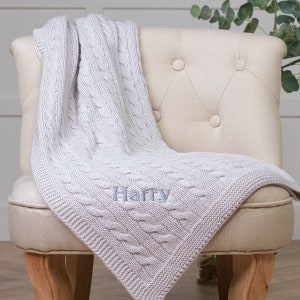 Toffee Moon personalised glacier grey luxury cable baby blanket