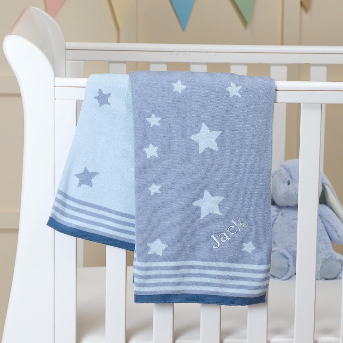 Ziggle Baby-Wendedecke ‚Blue Stars‘ – Baumwoll-Strickdecke 100x75 Cm Für Kinderbett & Kinderwagen, Weich & Atmungsaktiv