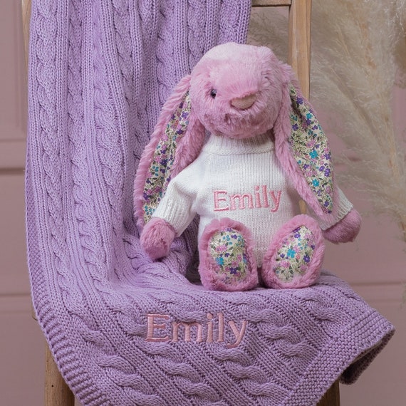 Personalised Toffee Moon Luxury Purple Thistle Cable Baby Blanket