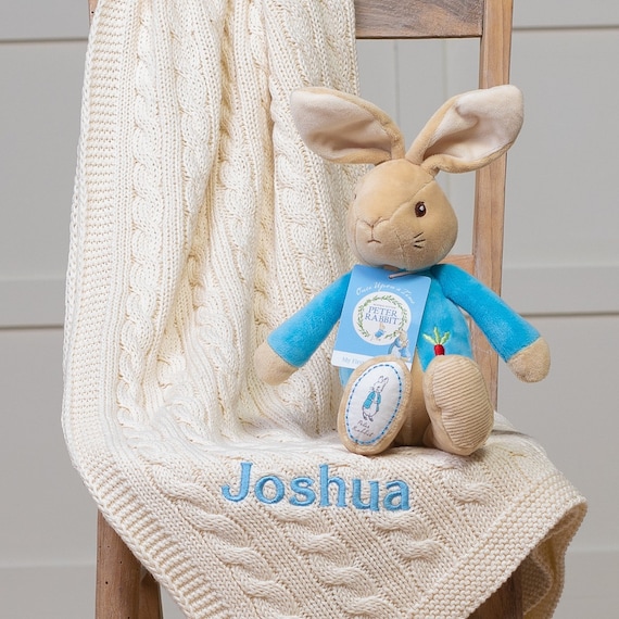 Toffee Moon Personalised Luxury Cable Baby Blanket and Peter