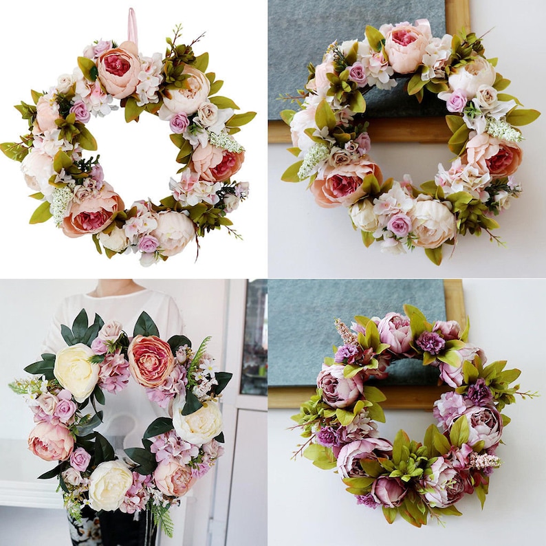 Handmade Artificial Peony Flower Door Wreath Rattan Wedding Xmas Decor