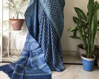 Handwoven Tussar Silk Sari: Dabu Hand Block Print, Natural Dyes