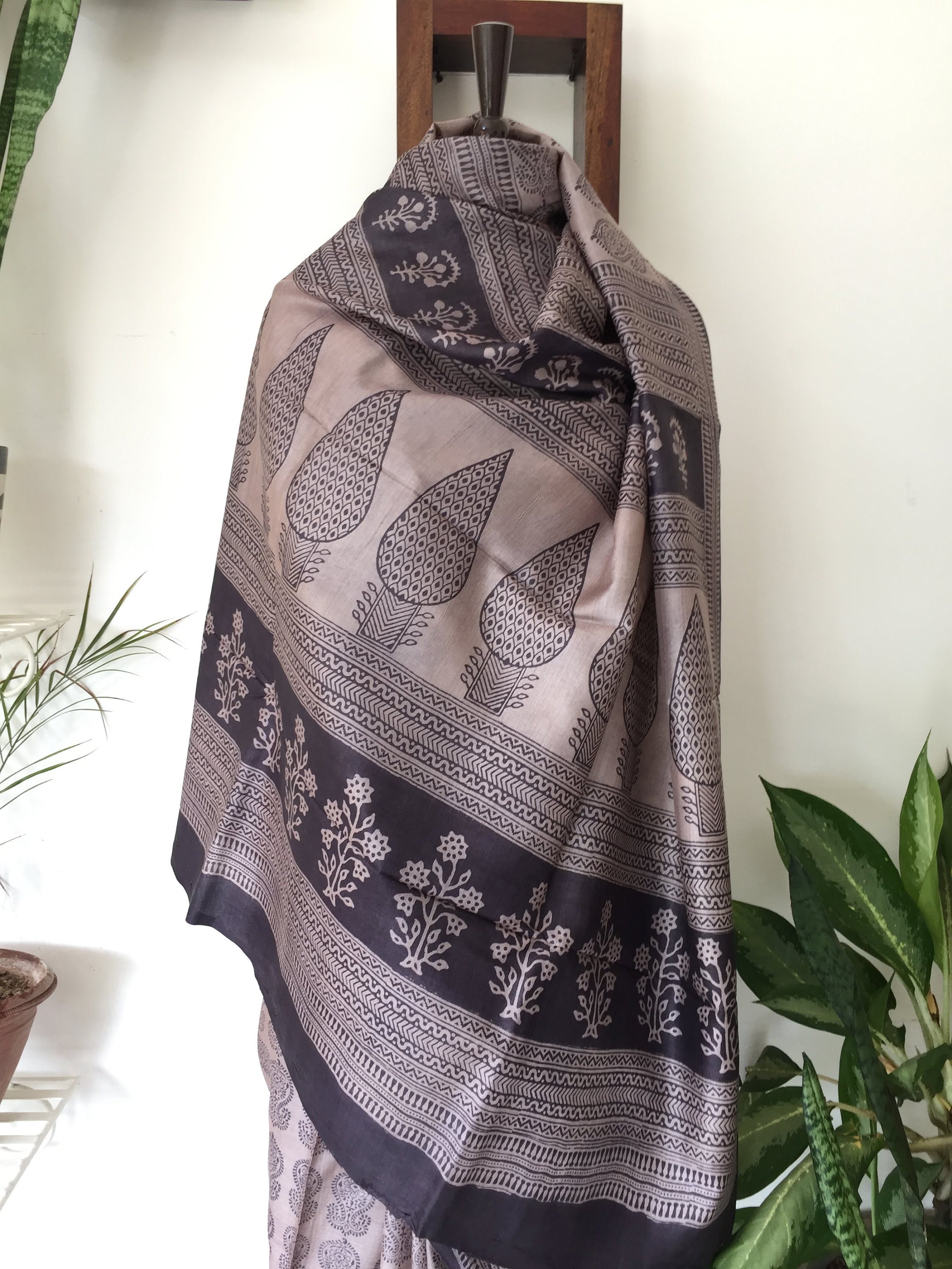 Handwoven Tussar Silk Sari: Bagh Block Print, Natural Dyes
