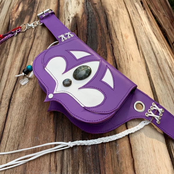 OOAK genuine leather recycled purple and white festival hip bag imbued with labradorite stones