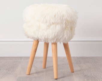 White Sheepskin Stool with Solid Oak Legs