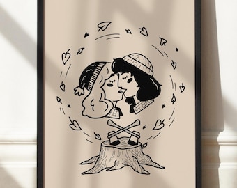 Sapphic Lumberfolk Kissing Art Print: LGBTQ+ Lesbian Decor