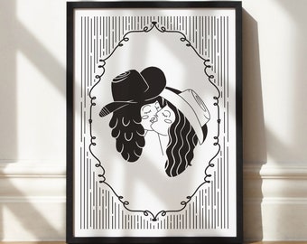 Kissing Cowgirls Art Print | Romantic western style illustrated poster | Home decor and gifting for lesbian, sapphic, trans & queer folks!