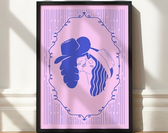 May include: A framed print with a pink background and a blue illustration of two people kissing. The illustration is framed by a decorative blue border.