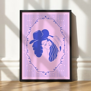 Stampa artistica di Cowgirl che si baciano / Poster illustrato in stile romantico western / Arredamento e idee regalo per persone lesbiche, saffiche, trans e queer!
