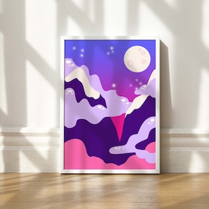 May include: A framed art print depicting a stylized landscape with a night sky. The artwork uses a gradient of pink, purple, and blue, with a full moon and stars. The design includes abstract cloud-like shapes and mountain silhouettes.