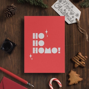 HO HO HOMO Kartki świąteczne 5 sztuk, Zestaw queerowych kartek świątecznych, Kartki świąteczne, Prezenty lgbtq, lesbijski bi trans lesbijski sezon świąteczny