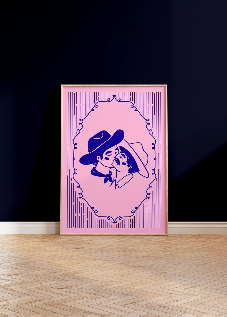 Küssende Cowboys Kunstdruck Illustriertes Poster im romantischen Western-Stil Heimdekoration und Geschenke für Schwule, T4T-Transmasc und Queer-Leute Bild 3