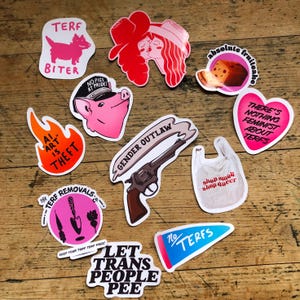 May include: A collection of colorful stickers with various designs and text. The stickers feature illustrations of a pig, a revolver, a cake, and other graphics. Text includes "TERF BITER", "GENDER OUTLAW", and "LET TRANS PEOPLE PEE".